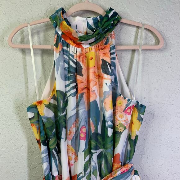 ELIZA J Dress 12 Midi Halter Floral Keyhole Button Neck Closure Ruffle Hem Lined - Picture 7 of 16